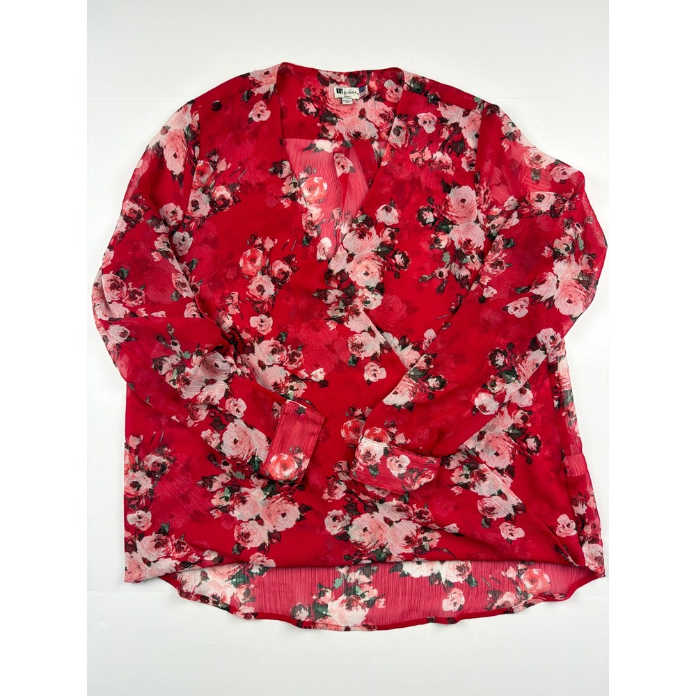 KUT‎ from the Kloth Red Floral Surplice Blouse Small Long Sleeve V-Neck Top